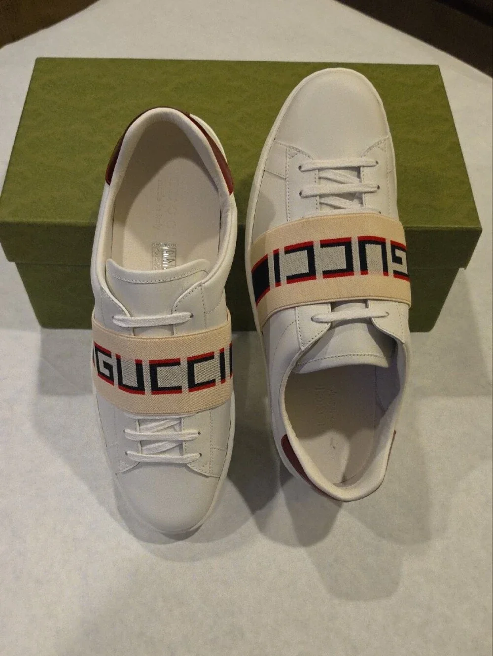 Gucci White Leather Sneakers with Beige Logo Band and Red-Black Accents